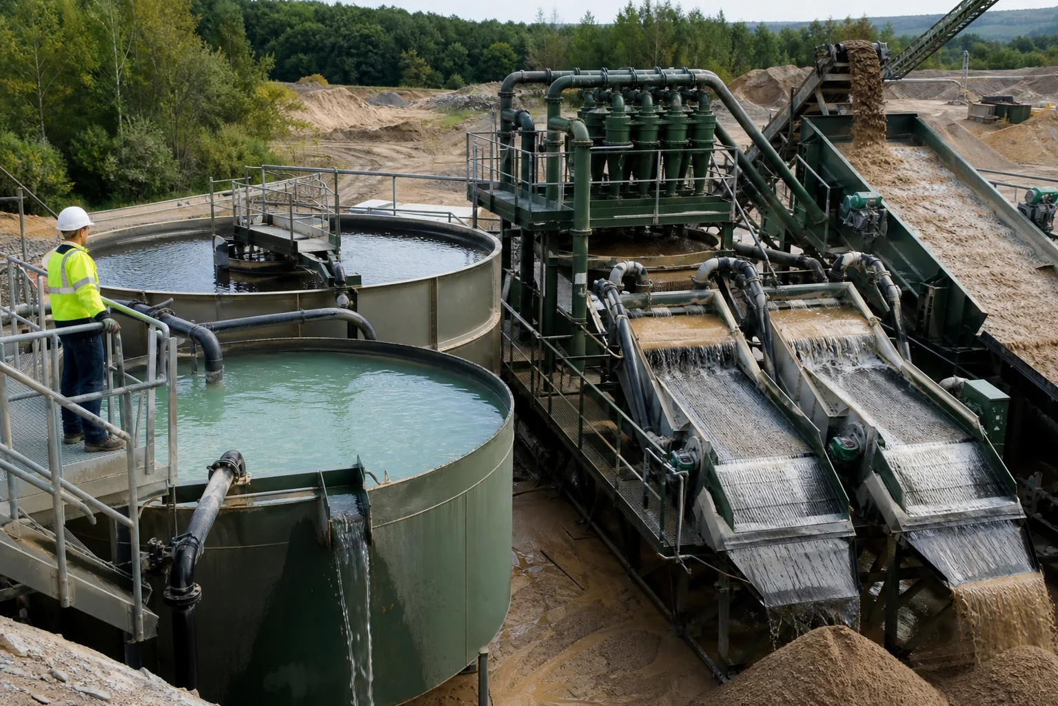 Aggregate washing screens, hydrocyclones and recycle-water clarification circuit